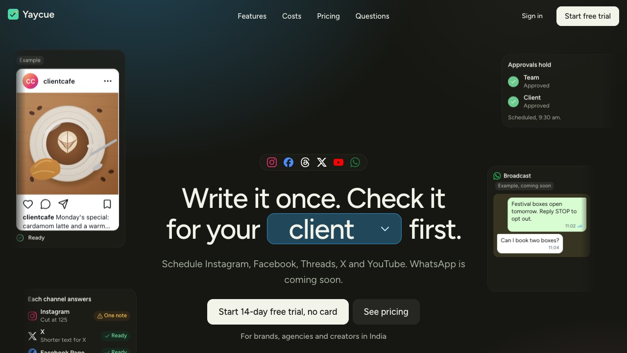 Yaycue website: write it once, check it first